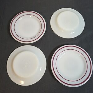 4 Corning 5.5" Plates Dinner Ware #711  Milk Glass Red Band Stripes USA Diner